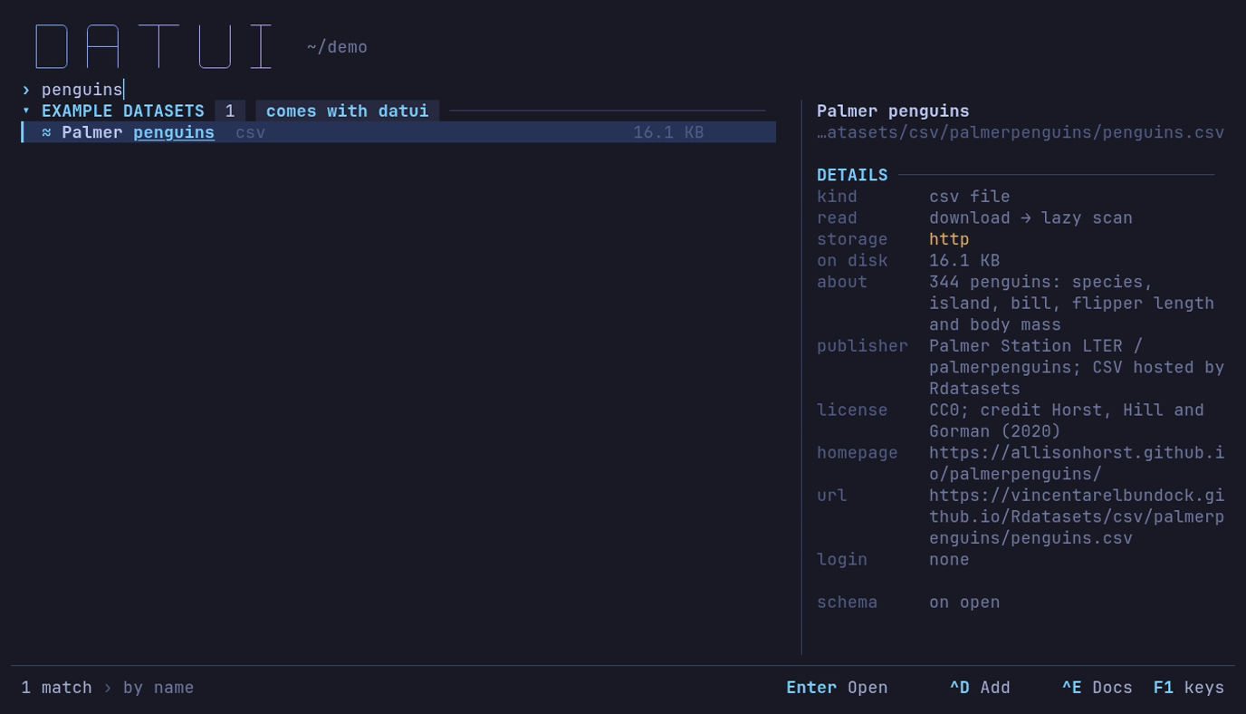 The home screen narrowed to penguins: Palmer penguins under Example datasets, its details beside it: a 16.1 KB CSV over HTTP, CC0, no login